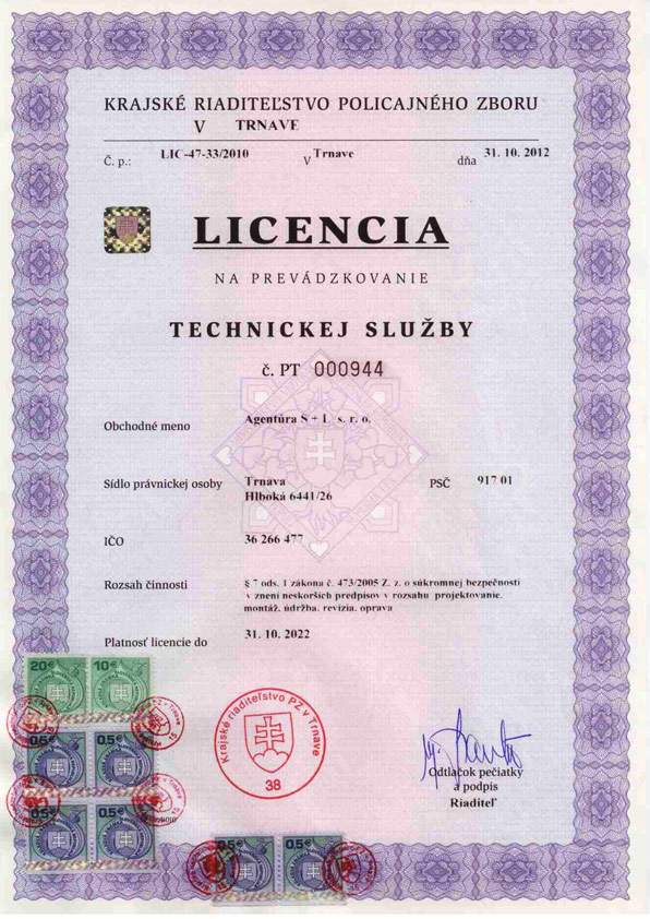Licencia na prevádzku technickej služby Licencia na prevádzku technickej služby