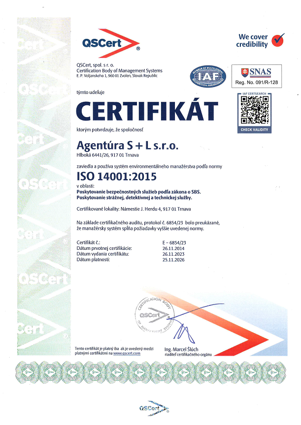 Agentúra SL - Certifikát